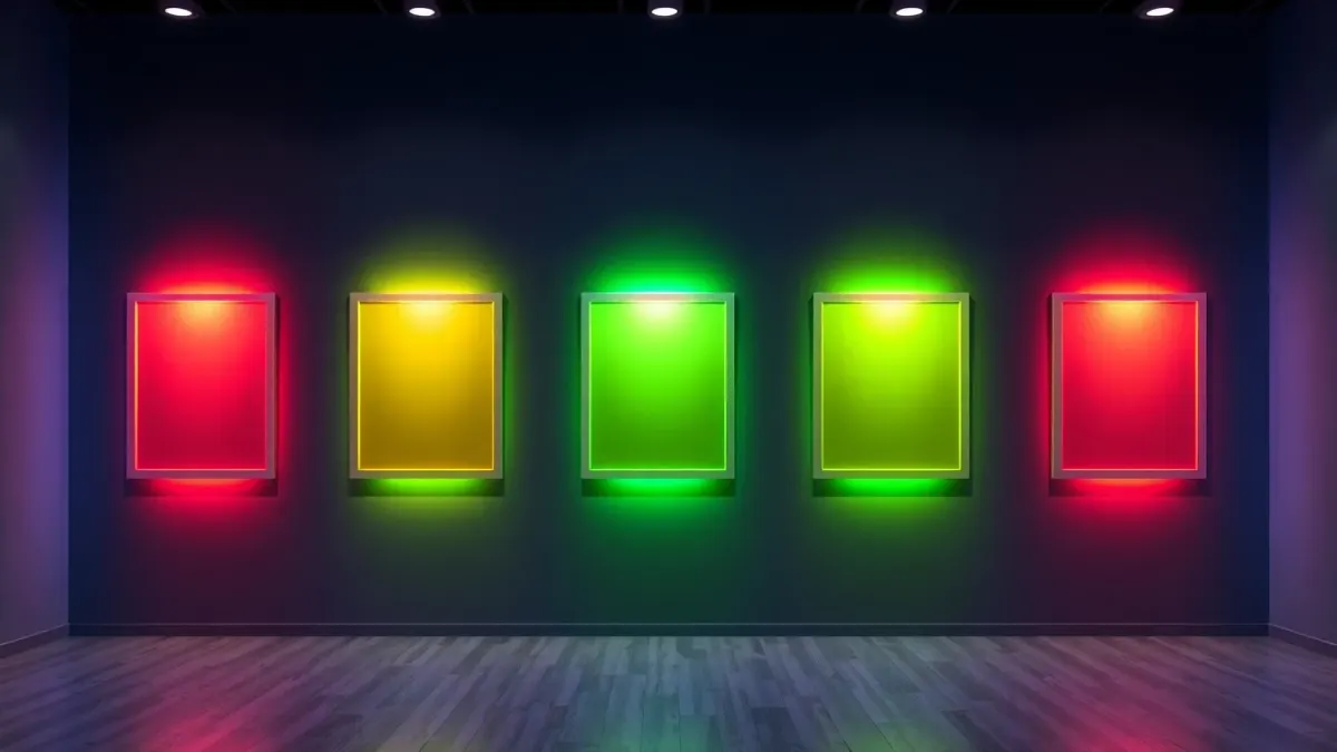 Gallery wall of five frames lit by red, yellow, green, blue and orange laser beams