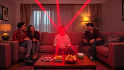 Friends laughing on a sofa watching a player dodge red laser beams