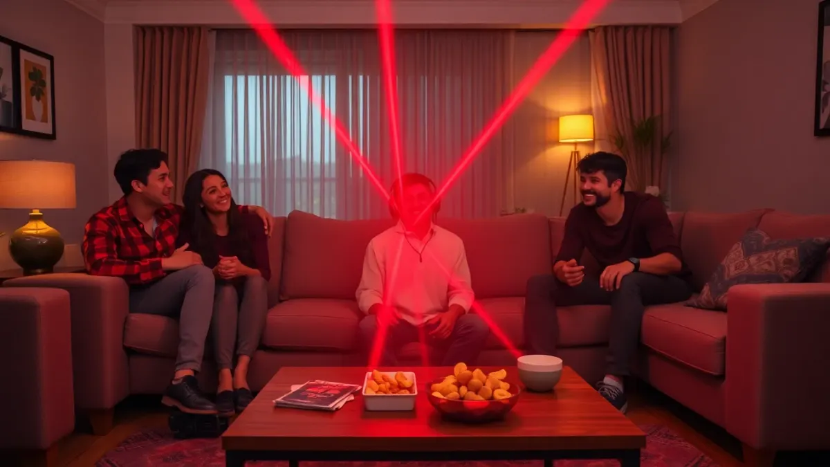 Friends laughing on a sofa watching a player dodge red laser beams