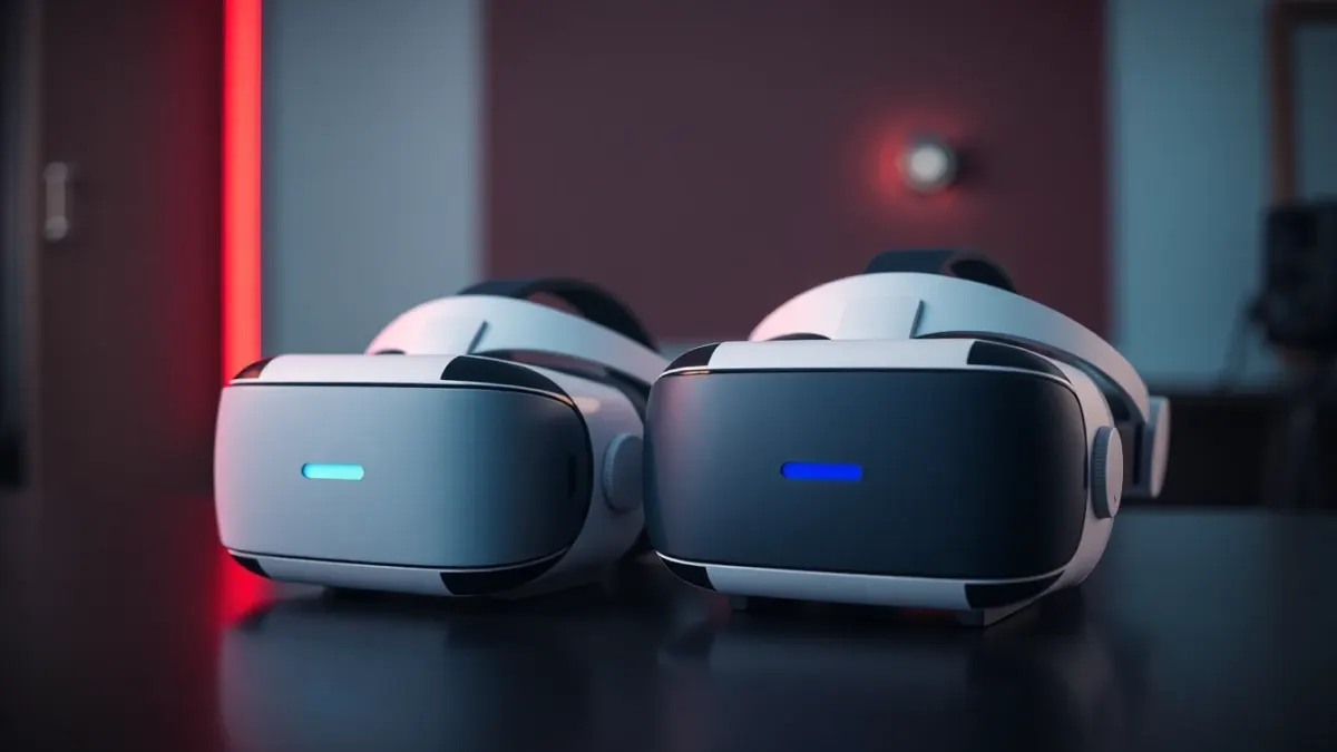 Two modern VR headsets side by side on a dark table with red rim light