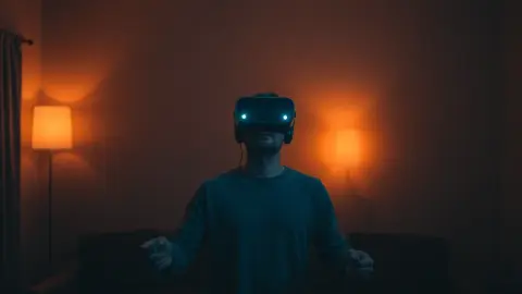 Player in a dim living room with one lamp on, controllers at their sides