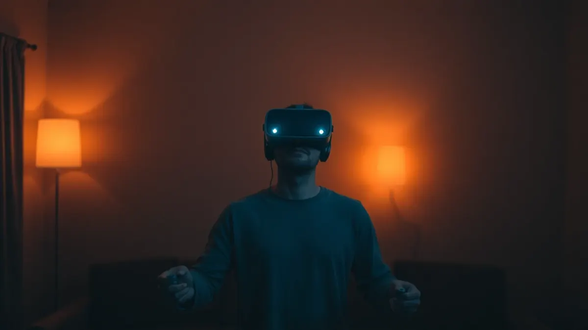 Player in a dim living room with one lamp on, controllers at their sides