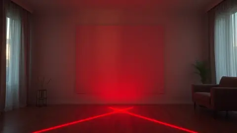 Living room with a mirror half covered by a sheet and red laser beams across the floor