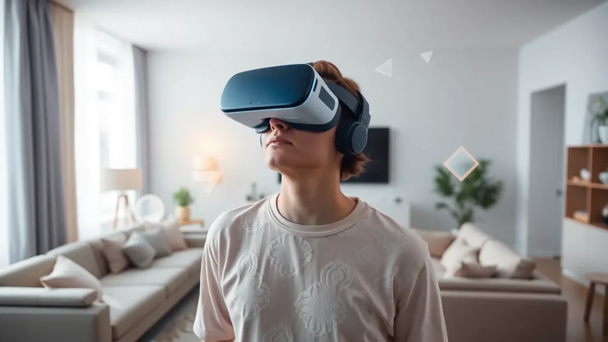 Person wearing a headset in a living room with glowing holographic shapes floating around real furniture