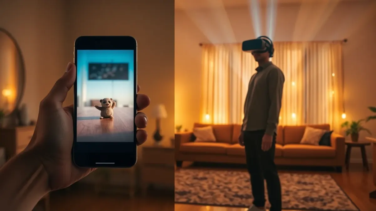 A hand holding a phone showing a virtual creature next to a person in a headset surrounded by glowing beams