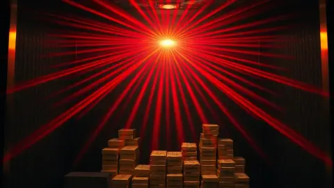Vault with gold bars and cash behind a dense lattice of red laser beams