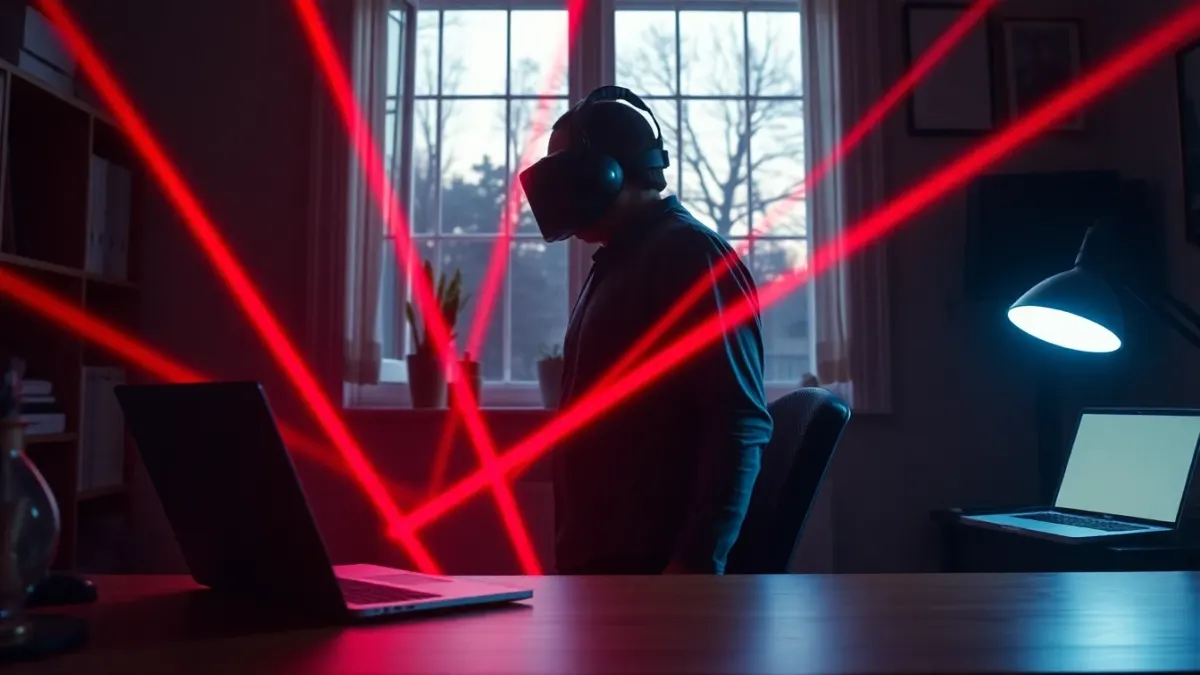 Home office worker in a headset ducking under laser beams next to a desk