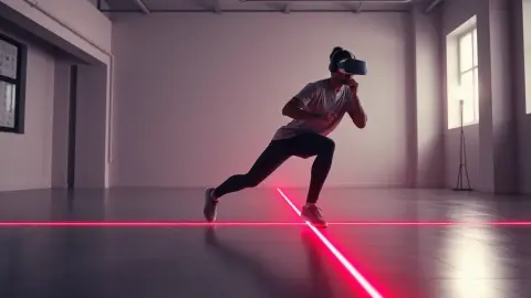 Athletic player stepping over a knee-high laser beam in a loft with a VR headset