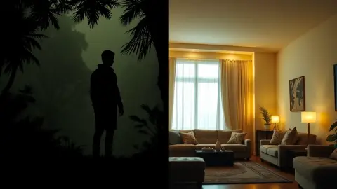 Split image of a person in a virtual jungle on one side and the same person in a real living room with glowing beams on the other