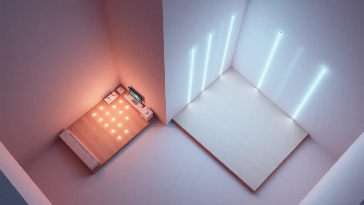 Isometric view of a small room and a large room each with glowing beams arranged to fit their size