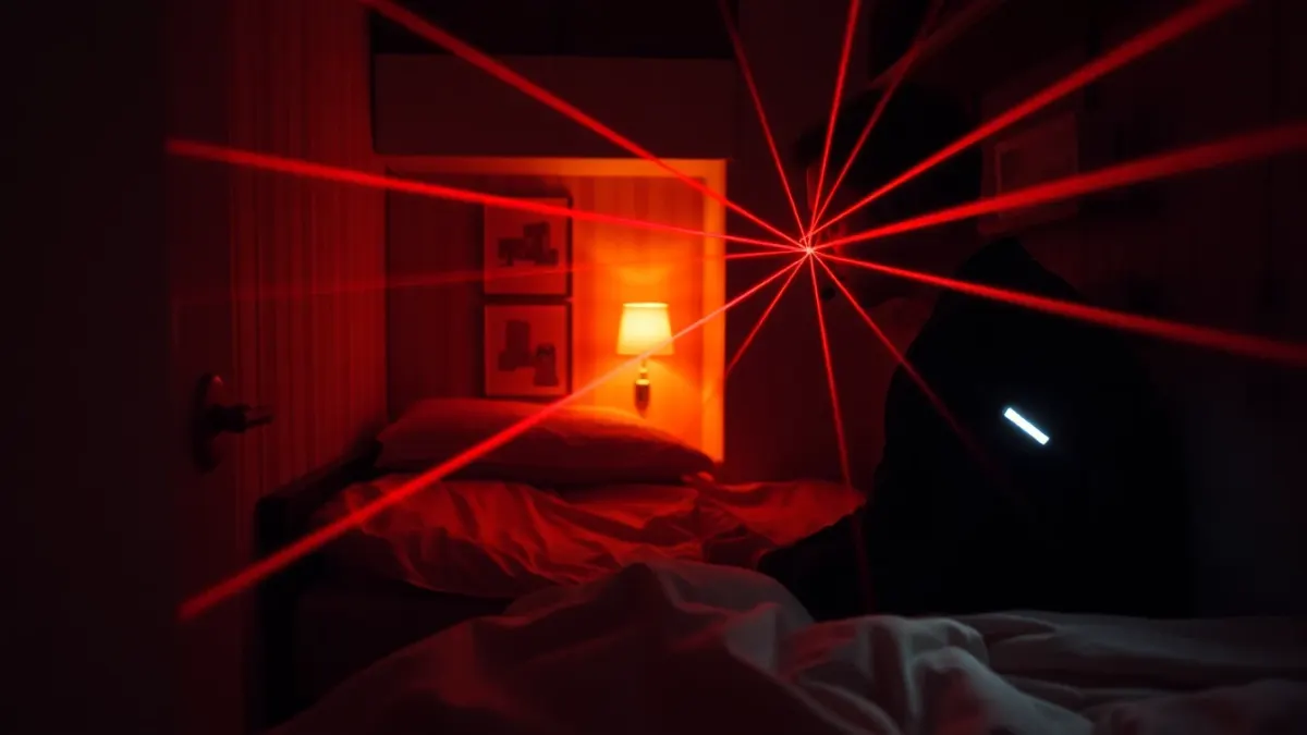 Player leaning through red laser beams in a compact apartment