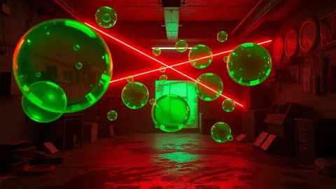 Green poison bubbles drifting through a room crossed by red laser beams