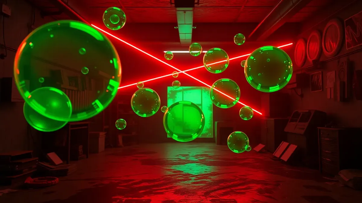 Green poison bubbles drifting through a room crossed by red laser beams
