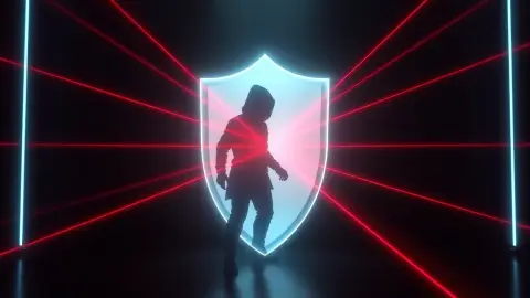 Glowing shield bubble around a thief shrinking as red lasers press in