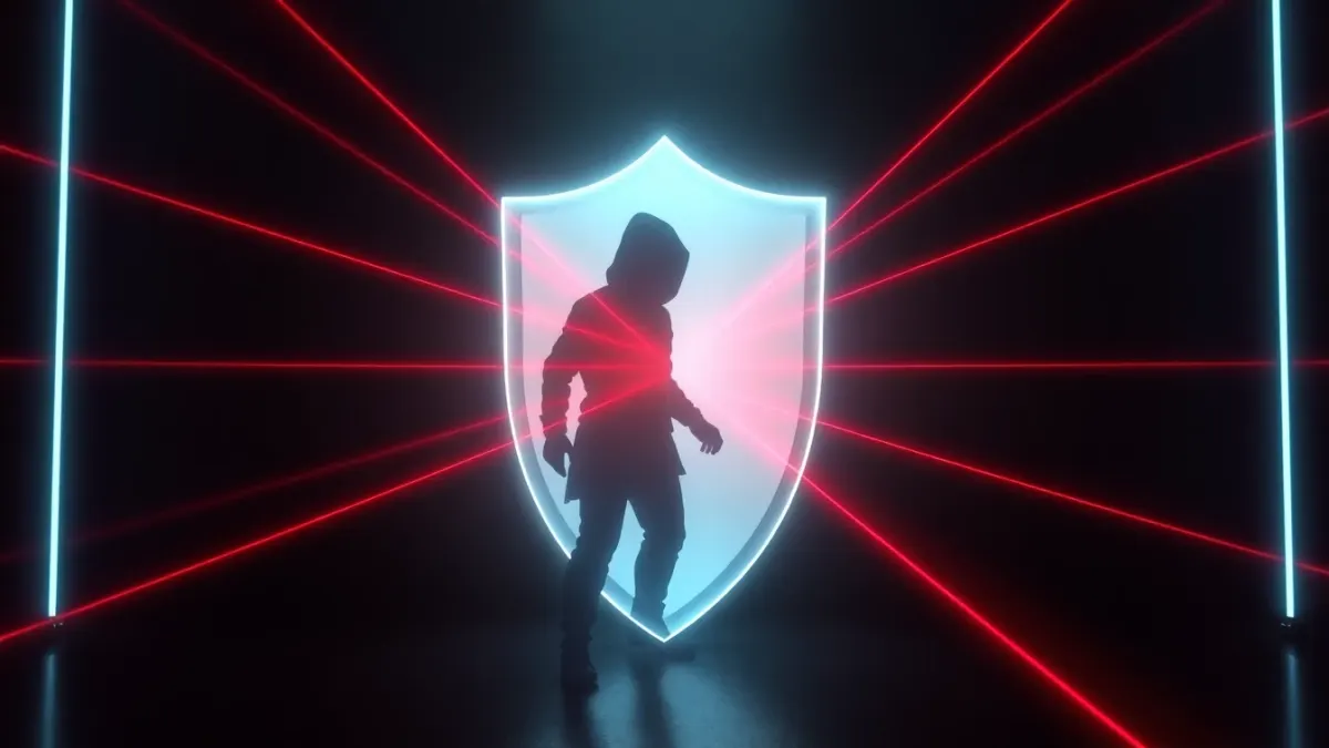 Glowing shield bubble around a thief shrinking as red lasers press in