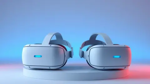 Two white VR headsets placed side by side on a minimal pedestal