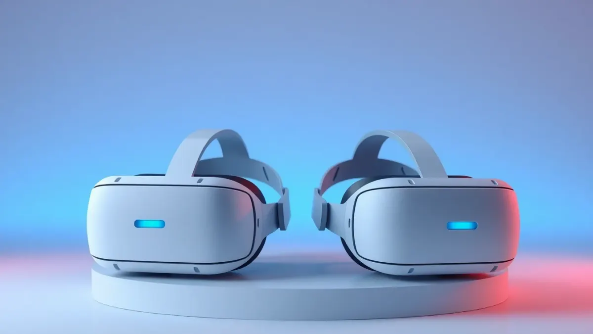 Two white VR headsets placed side by side on a minimal pedestal