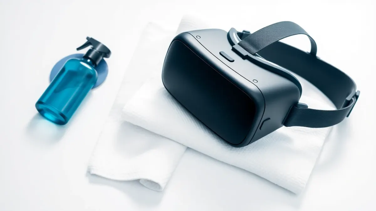 VR headset on a towel beside a microfibre cloth and a fresh facial cover