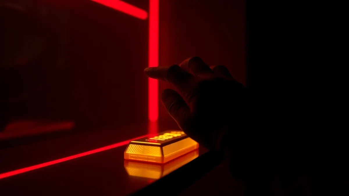 Hand reaching toward a glowing gold bar between thin red laser beams