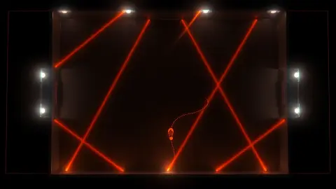 Top-down view of laser beams forming a pattern with a path winding through gaps