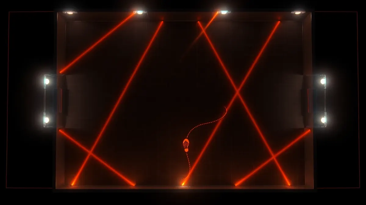 Top-down view of laser beams forming a pattern with a path winding through gaps