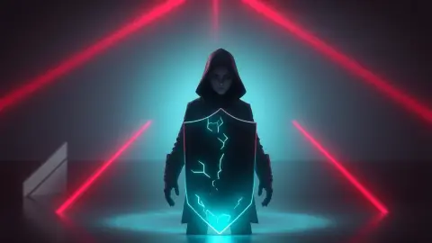 Thief character pausing calmly with a cracked glowing shield amid red lasers