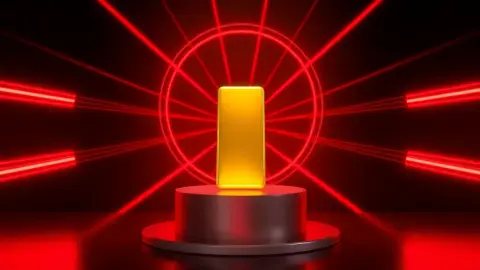 Gold bar on a pedestal surrounded by red laser beams with a glowing ring behind it