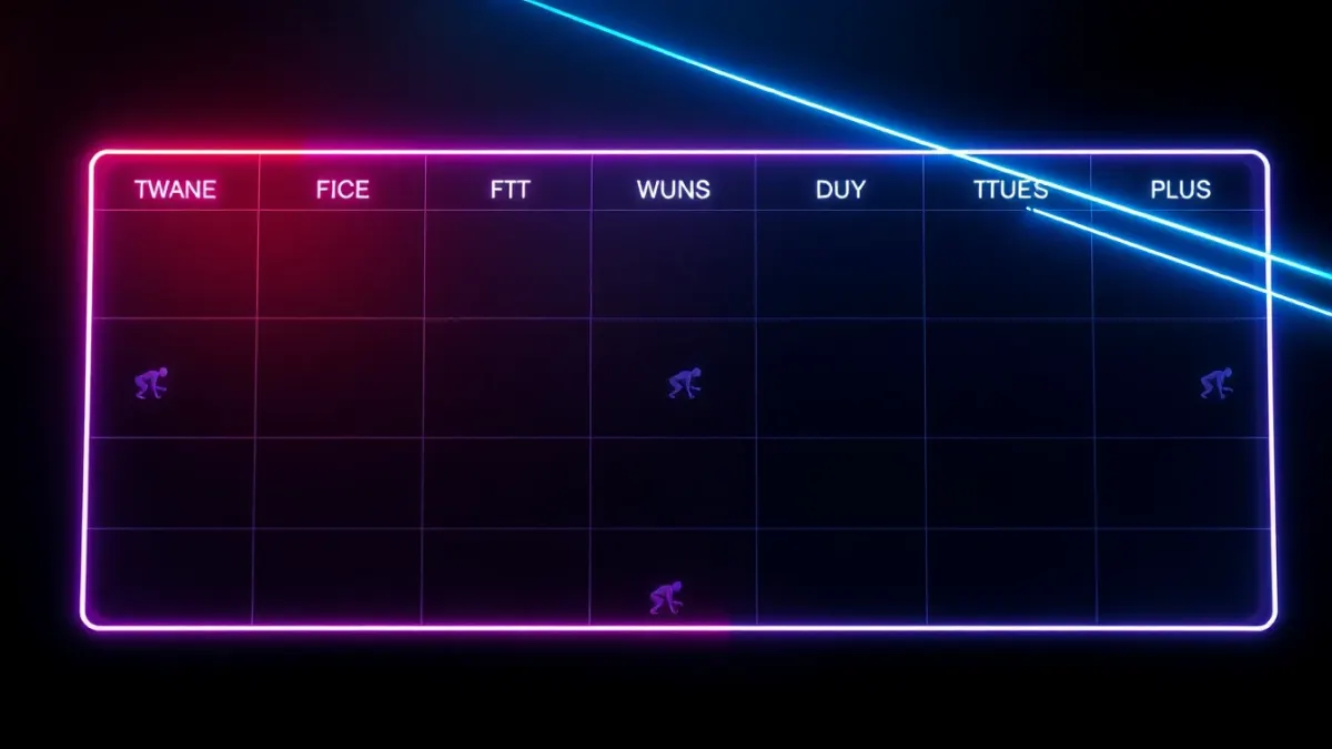 Weekly calendar of seven glowing days drawn with neon laser lines