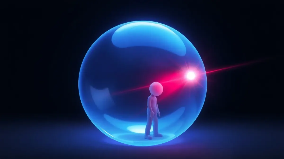 Translucent blue energy bubble shrinking around a small figure touched by a red laser beam