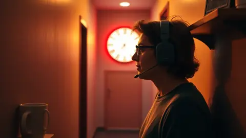 Person wearing a headset in a morning hallway with a coffee mug waiting on a nearby shelf