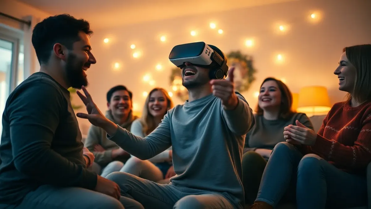 Friends laughing in a living room while one wears a headset and dodges