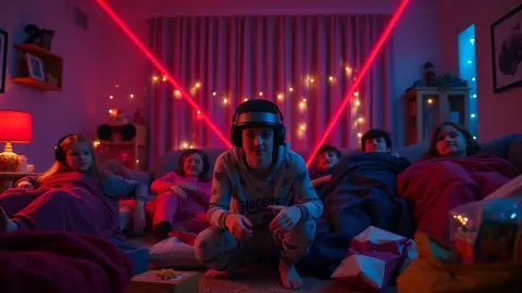 Teens in pyjamas at a sleepover watching a friend in a headset crouch under red laser beams