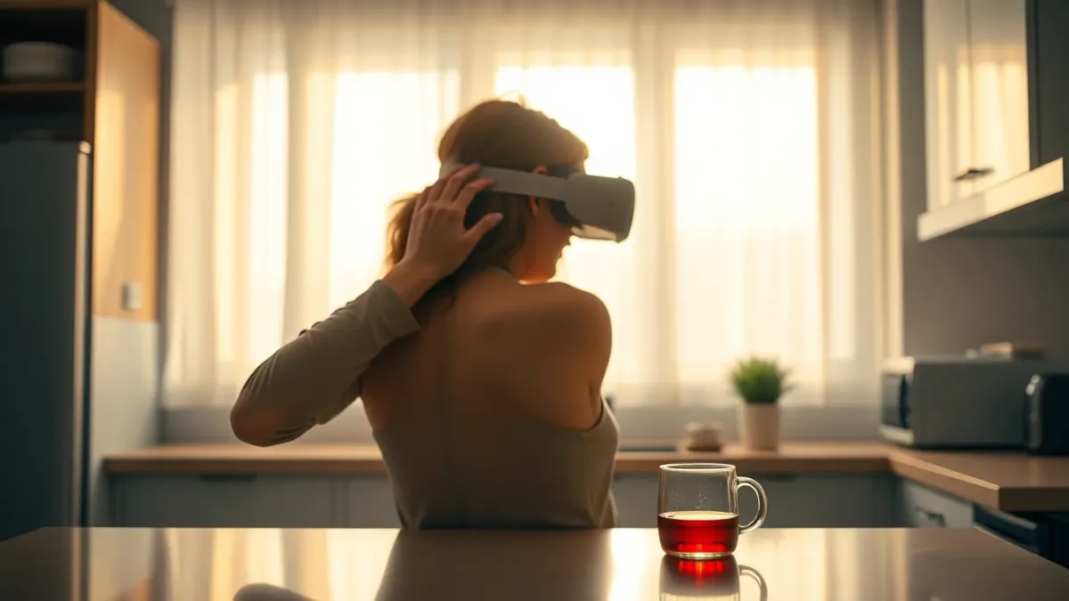 Person stretching a shoulder in a bright kitchen with a headset on a shelf behind them