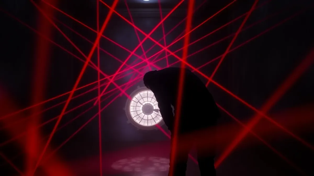 Dark room with a figure bending backwards under a web of red laser beams near a wall safe