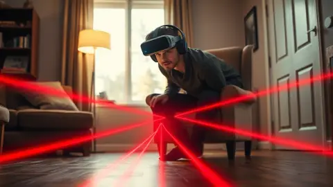 Person rising from an armchair in a headset as red laser beams stretch across the living room floor