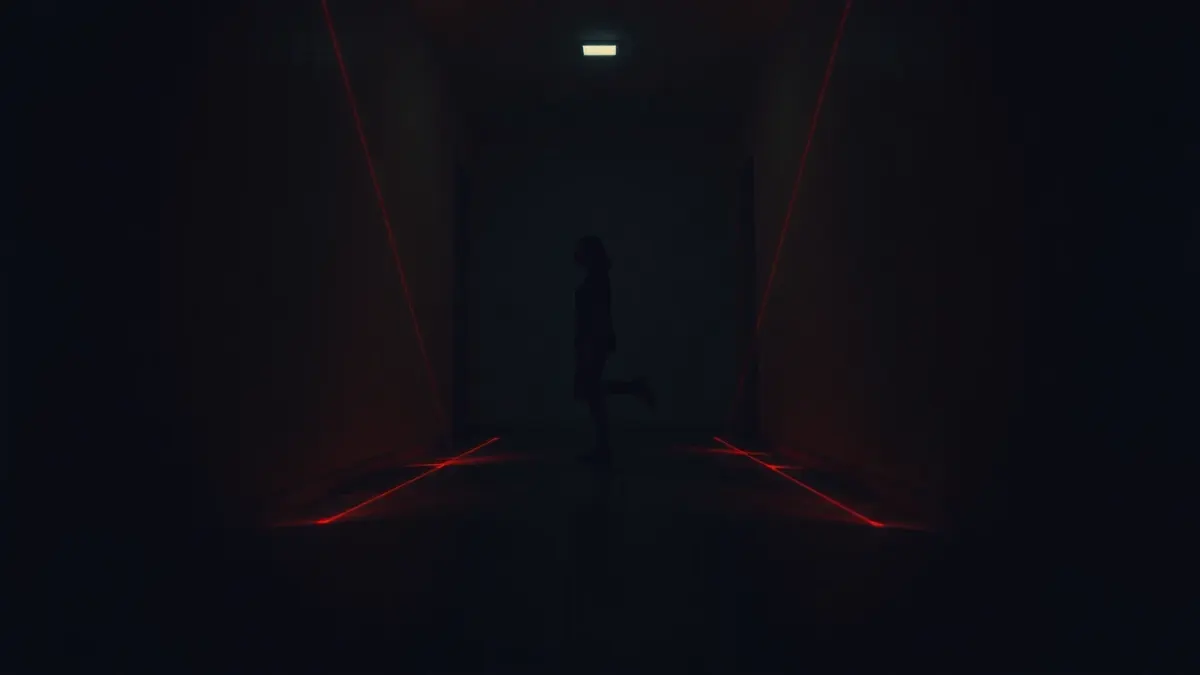 Person tiptoeing on one leg through a dim hallway between thin red laser beams