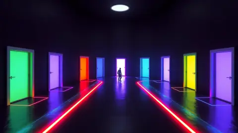 Seven glowing doorways in a row representing the seven worlds of a laser heist