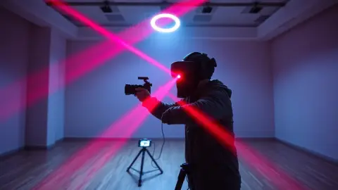 Creator in a headset dodging laser beams while a camera on a tripod films them