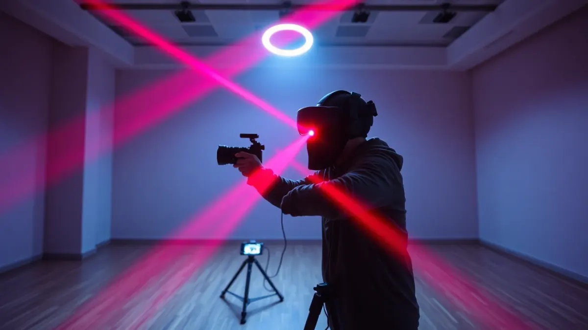 Creator in a headset dodging laser beams while a camera on a tripod films them