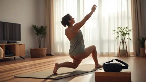 Person doing a lunge stretch in a bright living room with a VR headset nearby