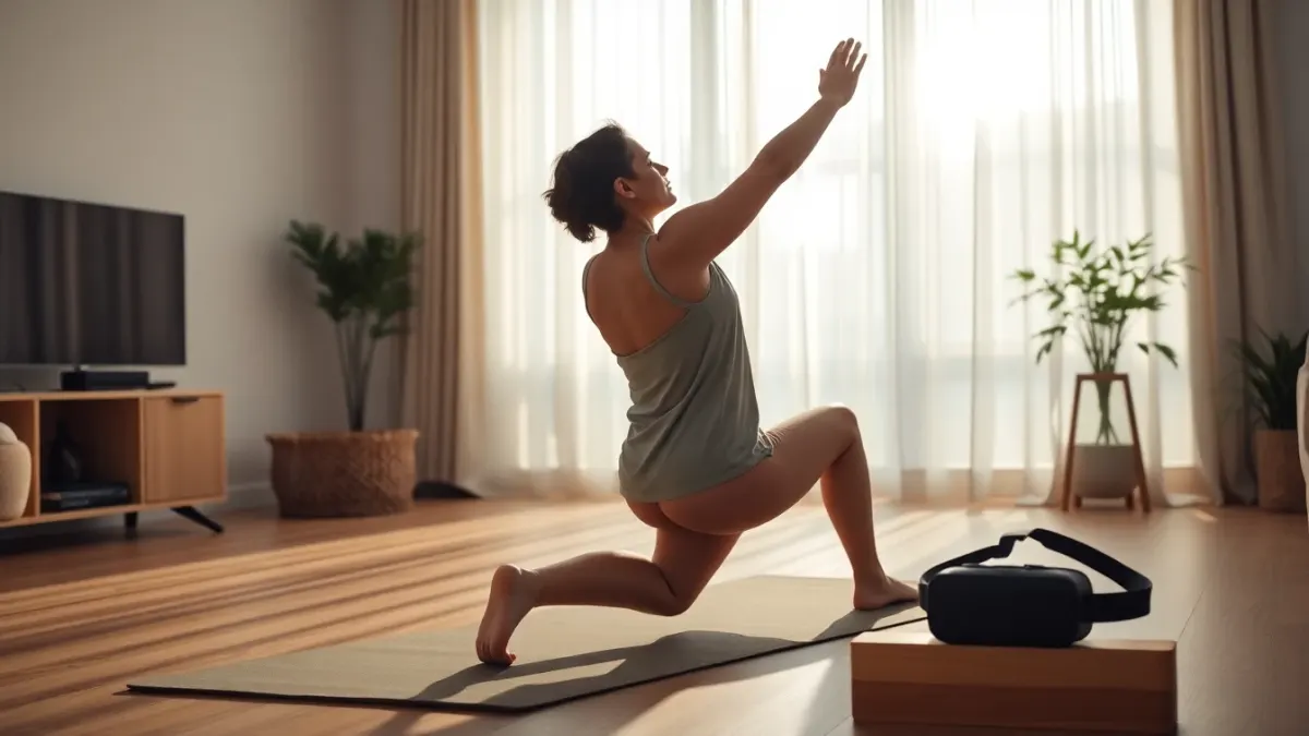 Person doing a lunge stretch in a bright living room with a VR headset nearby