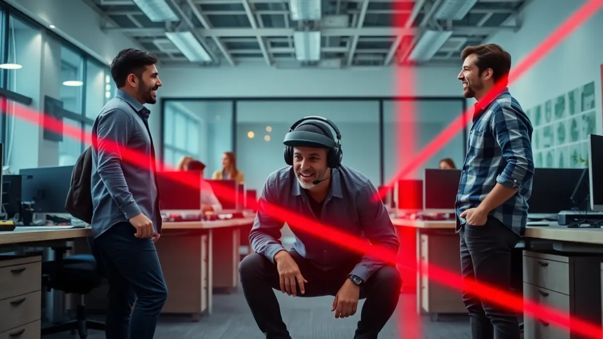 Colleagues in an office common area coaching a teammate in a headset who crouches under laser beams