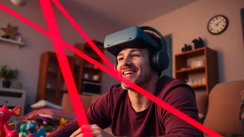 Smiling parent ducking under laser beams in a tidy living room before bedtime
