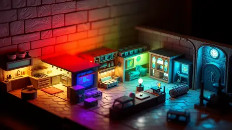 Diorama of seven small themed rooms in a row from kitchen to vault, each glowing a different colour