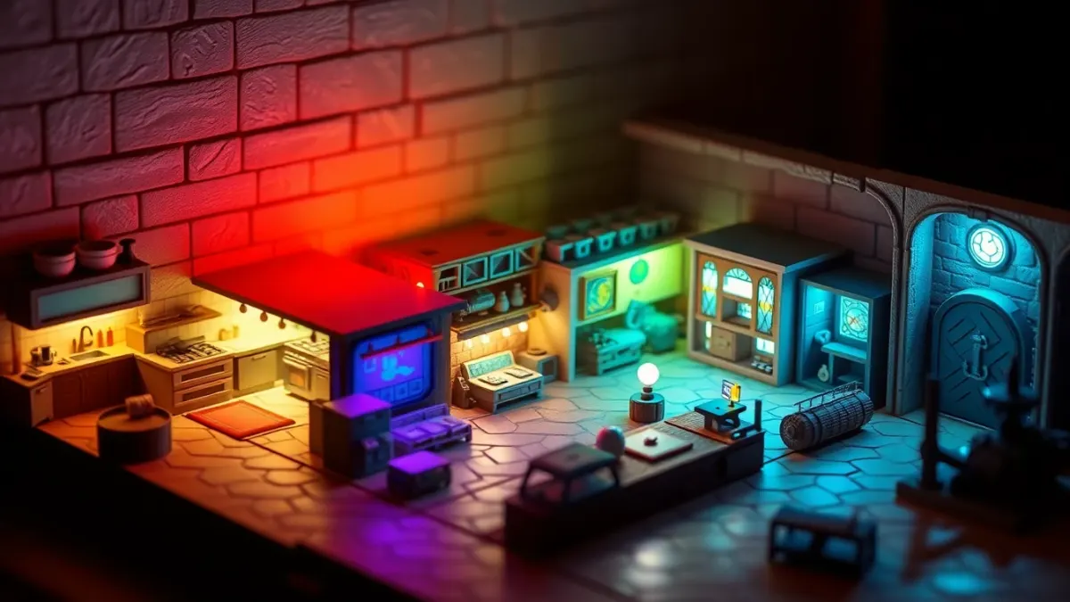 Diorama of seven small themed rooms in a row from kitchen to vault, each glowing a different colour
