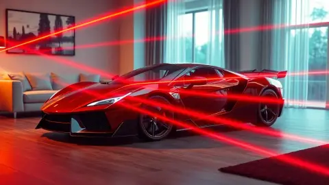 Supercar parked beside a sofa with laser beams crossing the room