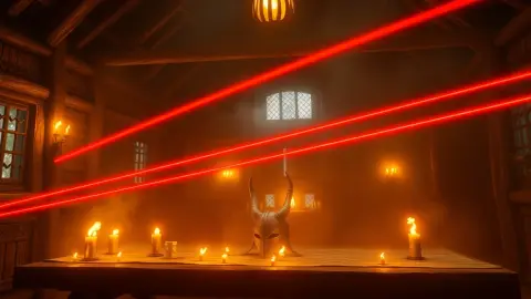 Torch-lit longhouse with a horned helmet and relics guarded by red lasers