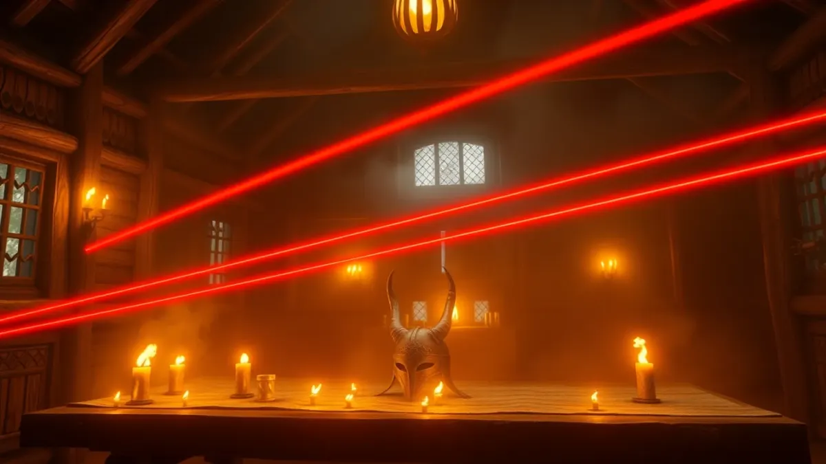 Torch-lit longhouse with a horned helmet and relics guarded by red lasers