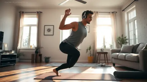 Person in sportswear doing a lunge while wearing a headset in a bright living room