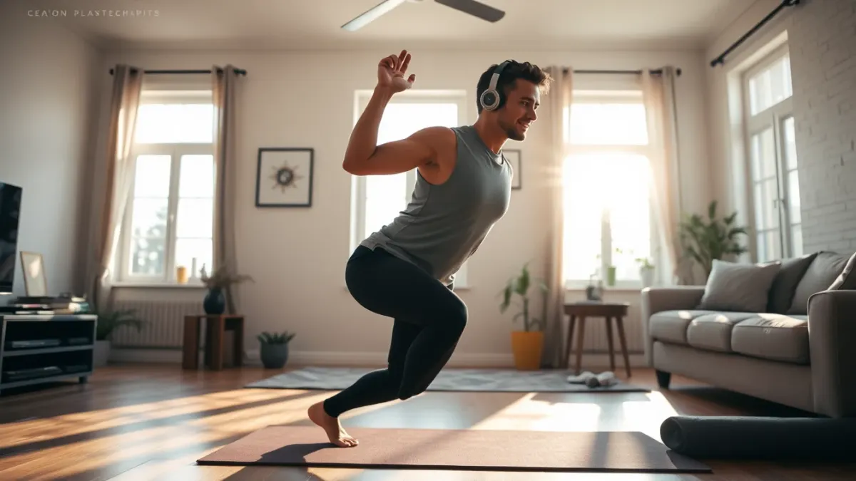 Person in sportswear doing a lunge while wearing a headset in a bright living room